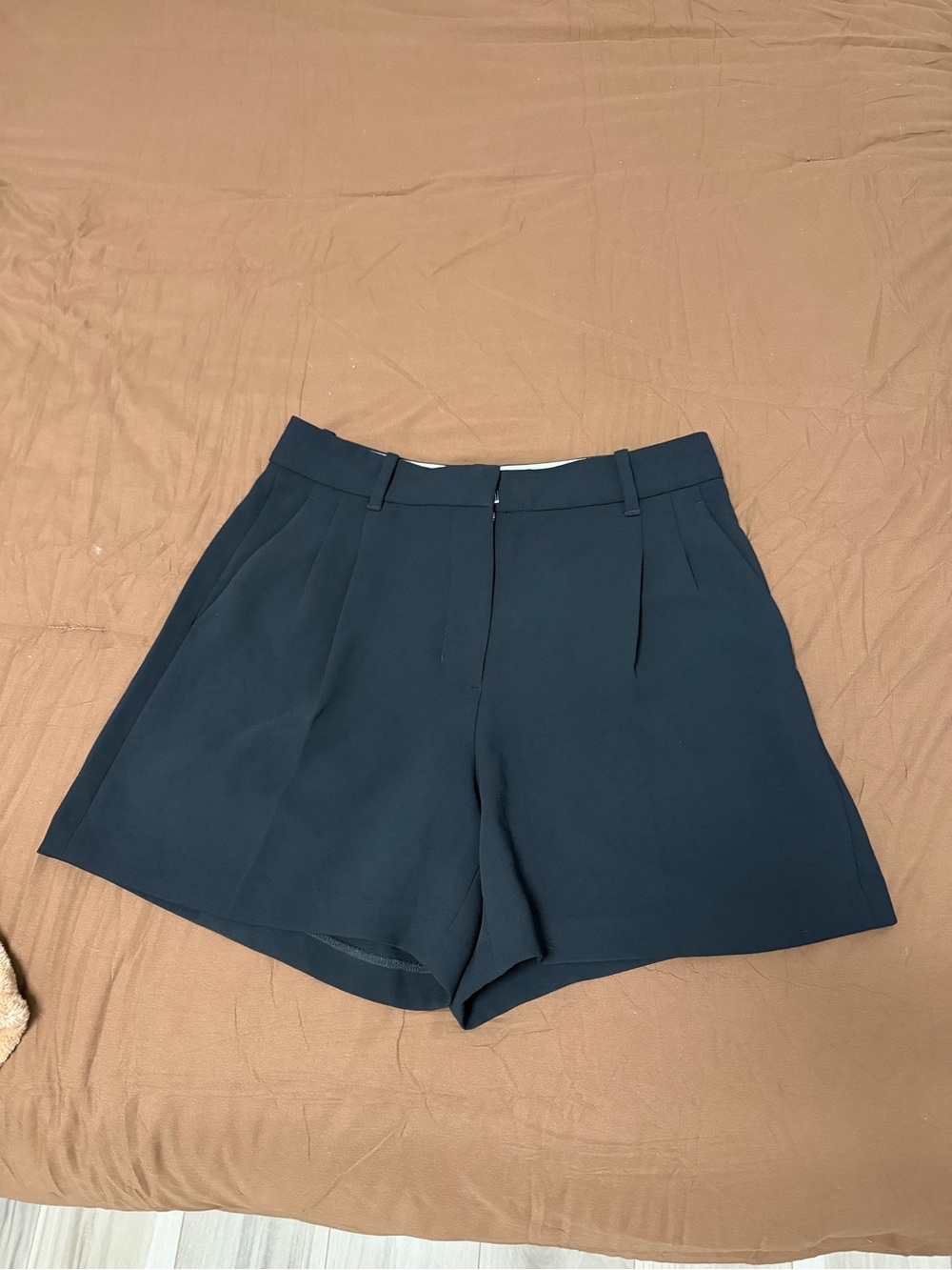 Aritzia Navy High-Rise Pleated Bermuda Shorts